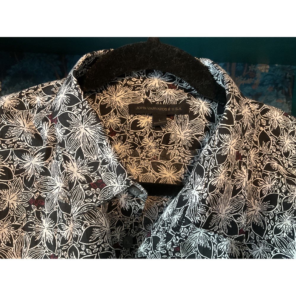 John Varvatos USA Mens Black White Floral Starburst Button Down Shirt Large